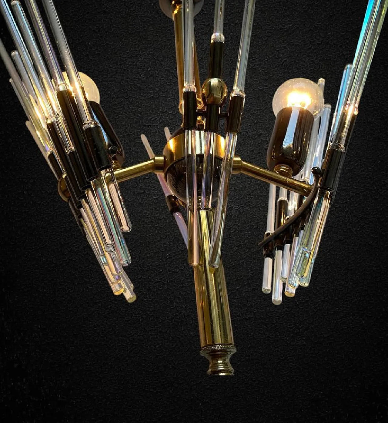 Lampadario Golden Era in ottone e vetro stile Sciolari, anni '60 15
