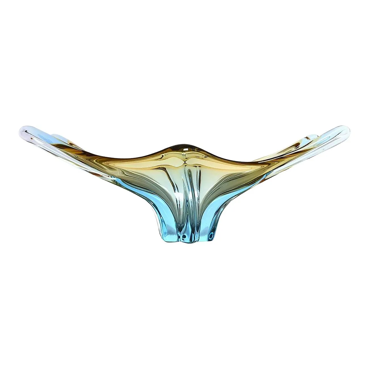 Art glass multicolor light blue basket fruit bowl, 1970s 1