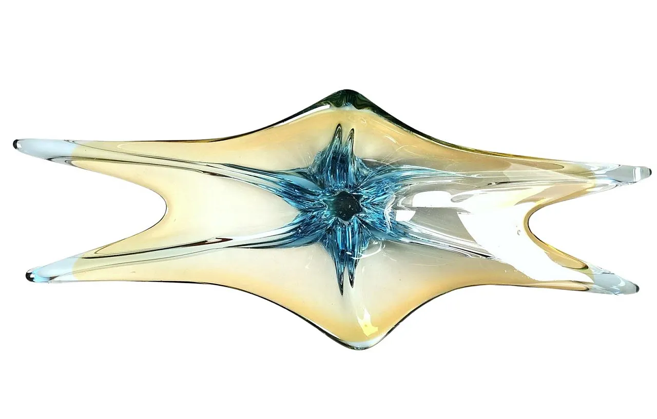 Art glass multicolor light blue basket fruit bowl, 1970s 2