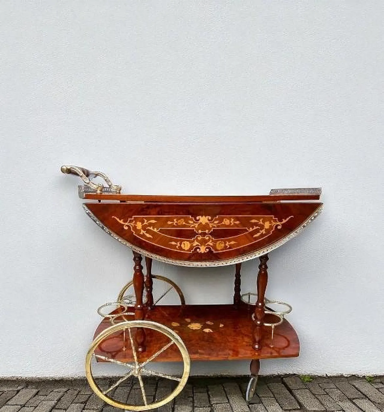 Carrello bar Hollywood Regency in legno e ottone, anni '60 2