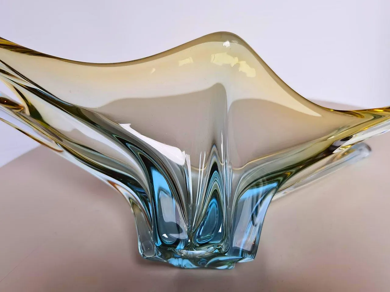 Art glass multicolor light blue basket fruit bowl, 1970s 5