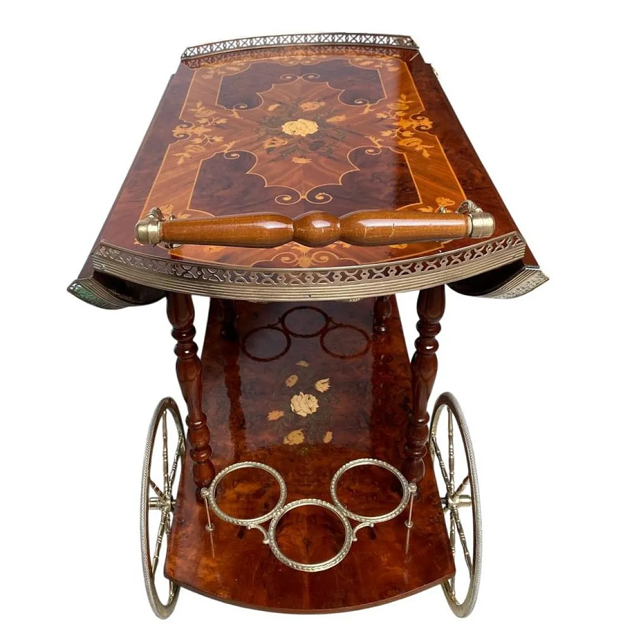 Carrello bar Hollywood Regency in legno e ottone, anni '60 8