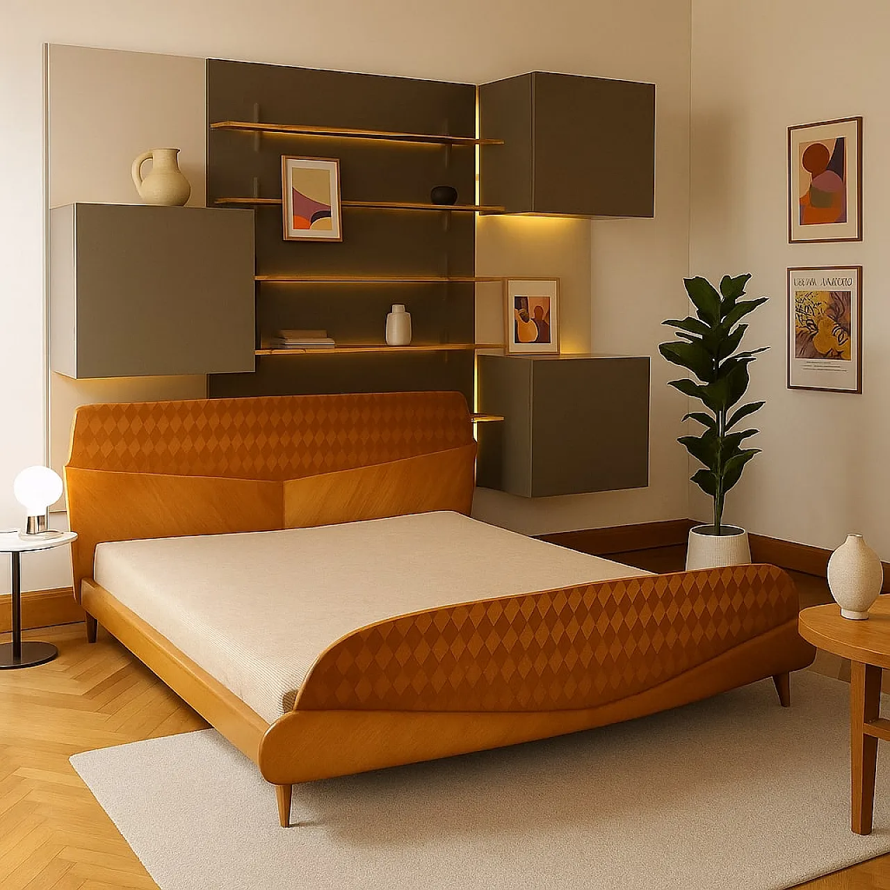 Exotic wood veneer double bed frame, 1960s 2