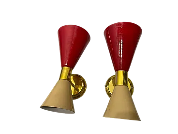 Coppia di applique coniche in metallo e ottone vintage, anni '80