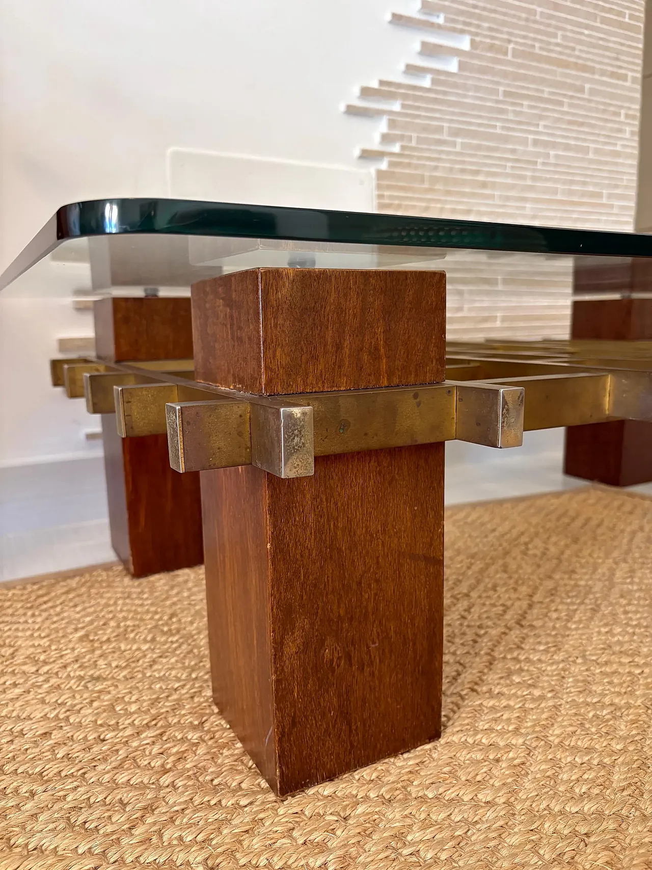 Tavolino da caffè in ottone, legno e vetro, metà '900 3