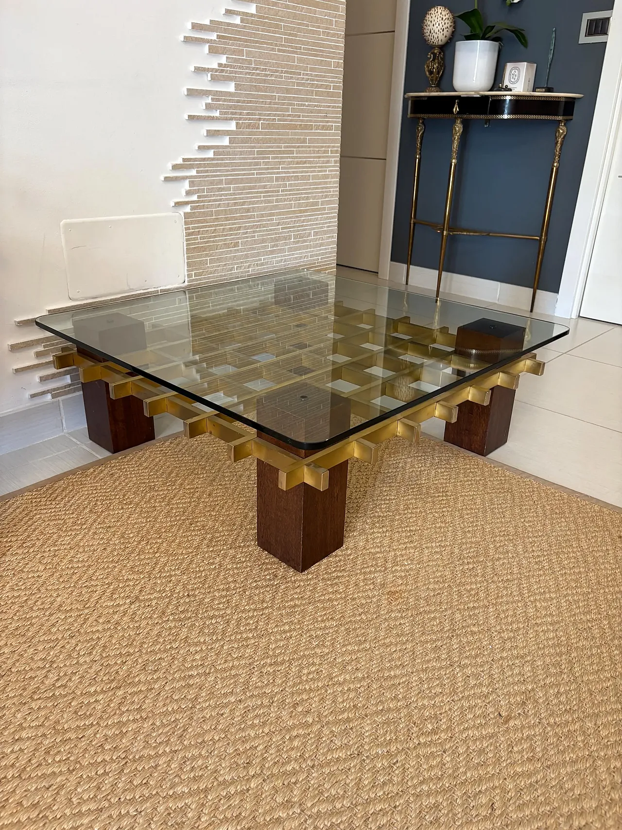 Tavolo space age in ottone, legno, anni '70 2