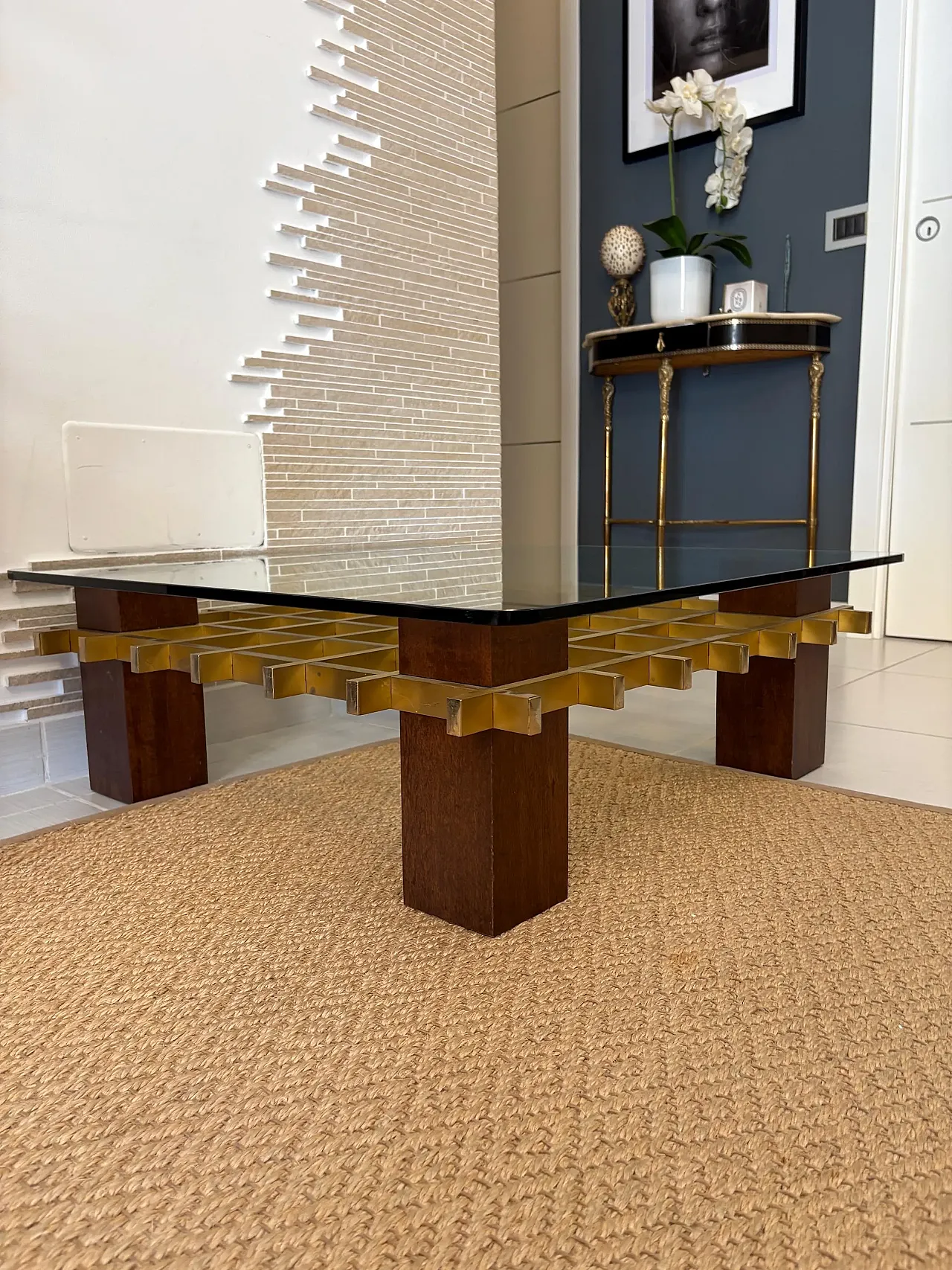 Tavolo space age in ottone, legno, anni '70 3