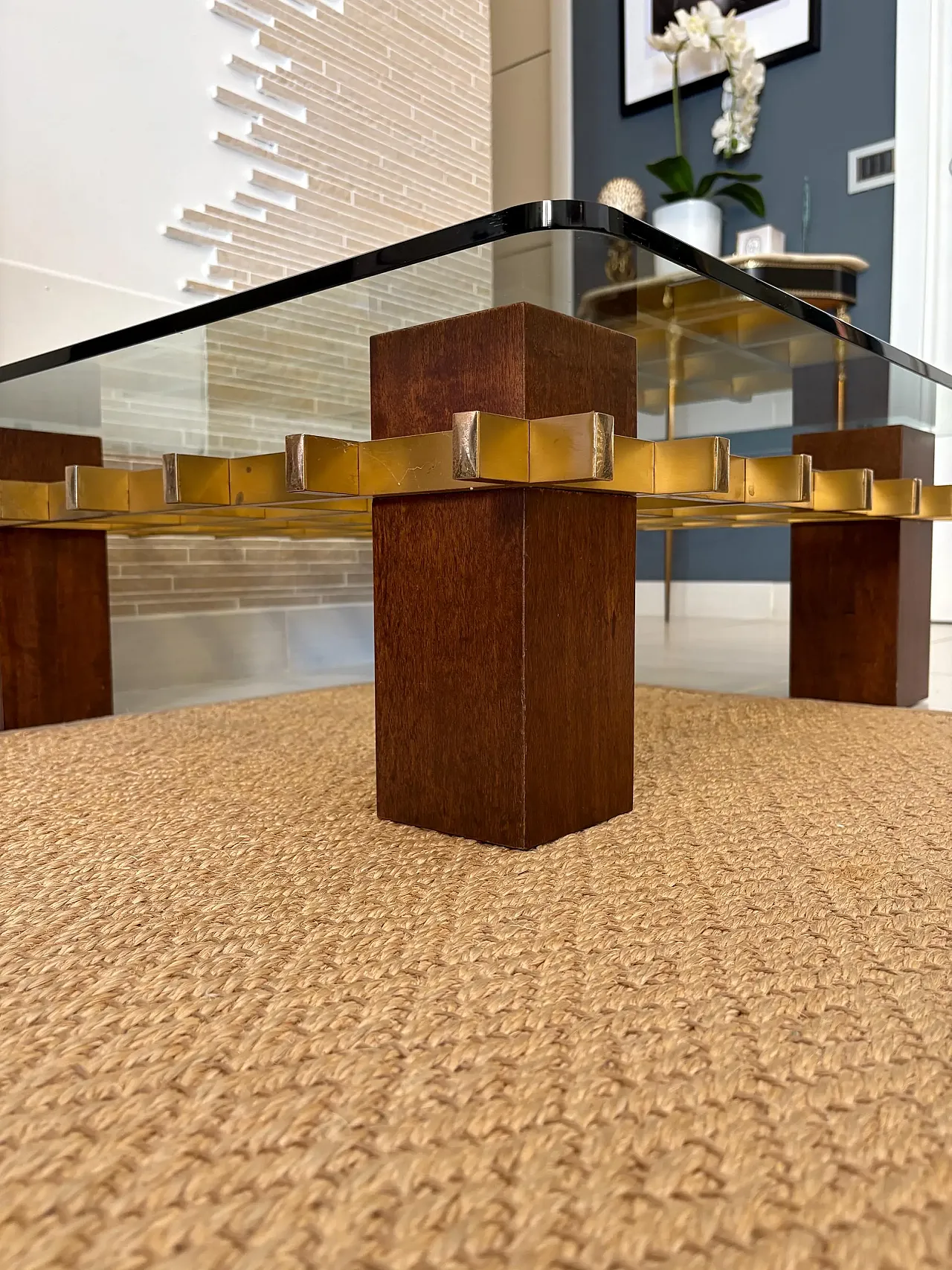 Tavolo space age in ottone, legno, anni '70 6