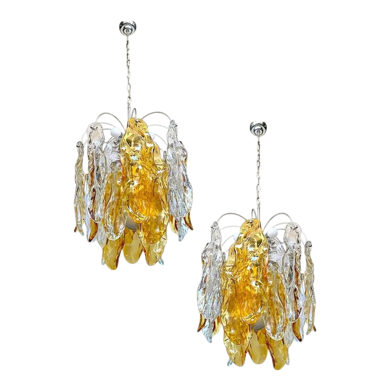 Coppia di lampadari in vetro di Murano dorato, anni '70 17