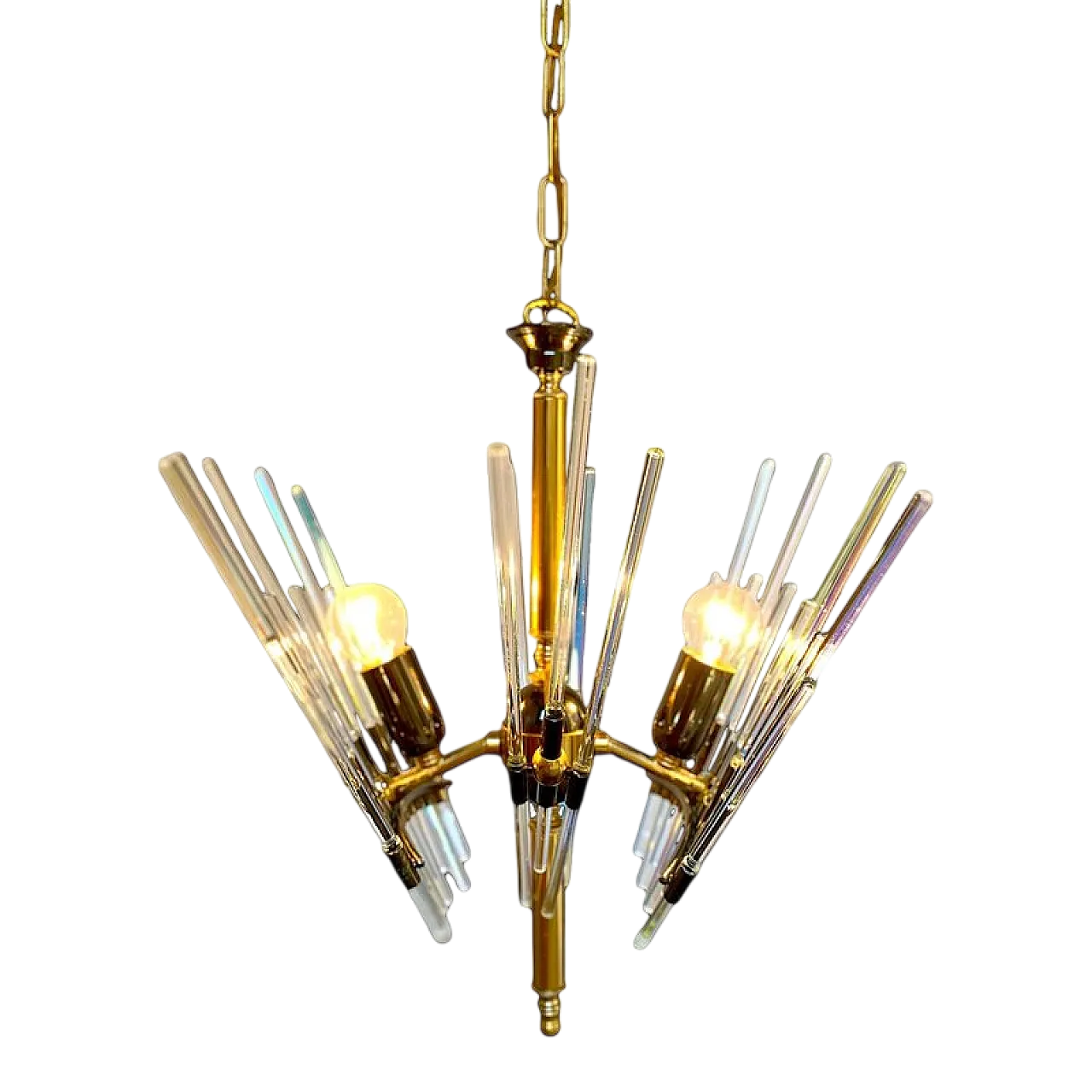 Lampadario Golden Era in ottone e vetro stile Sciolari, anni '60 17