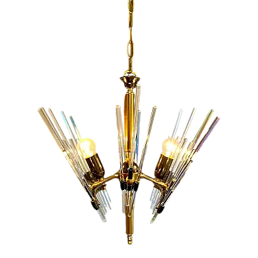 Lampadario Golden Era in ottone e vetro stile Sciolari, anni '60