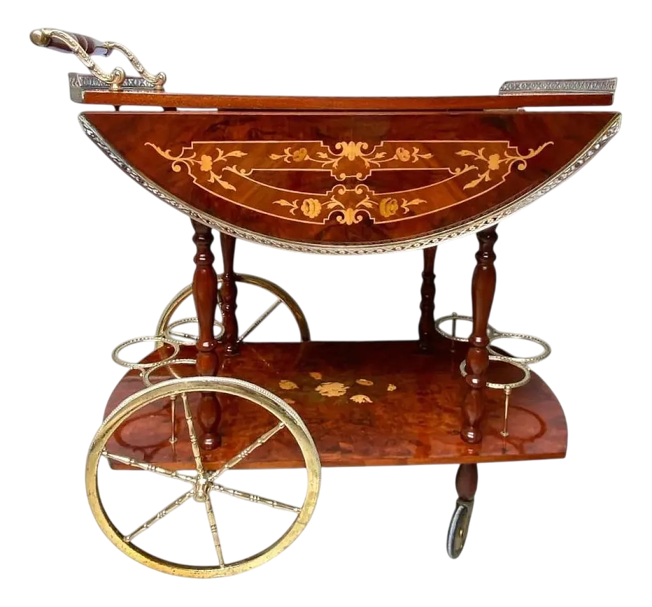 Carrello bar Hollywood Regency in legno e ottone, anni '60 11