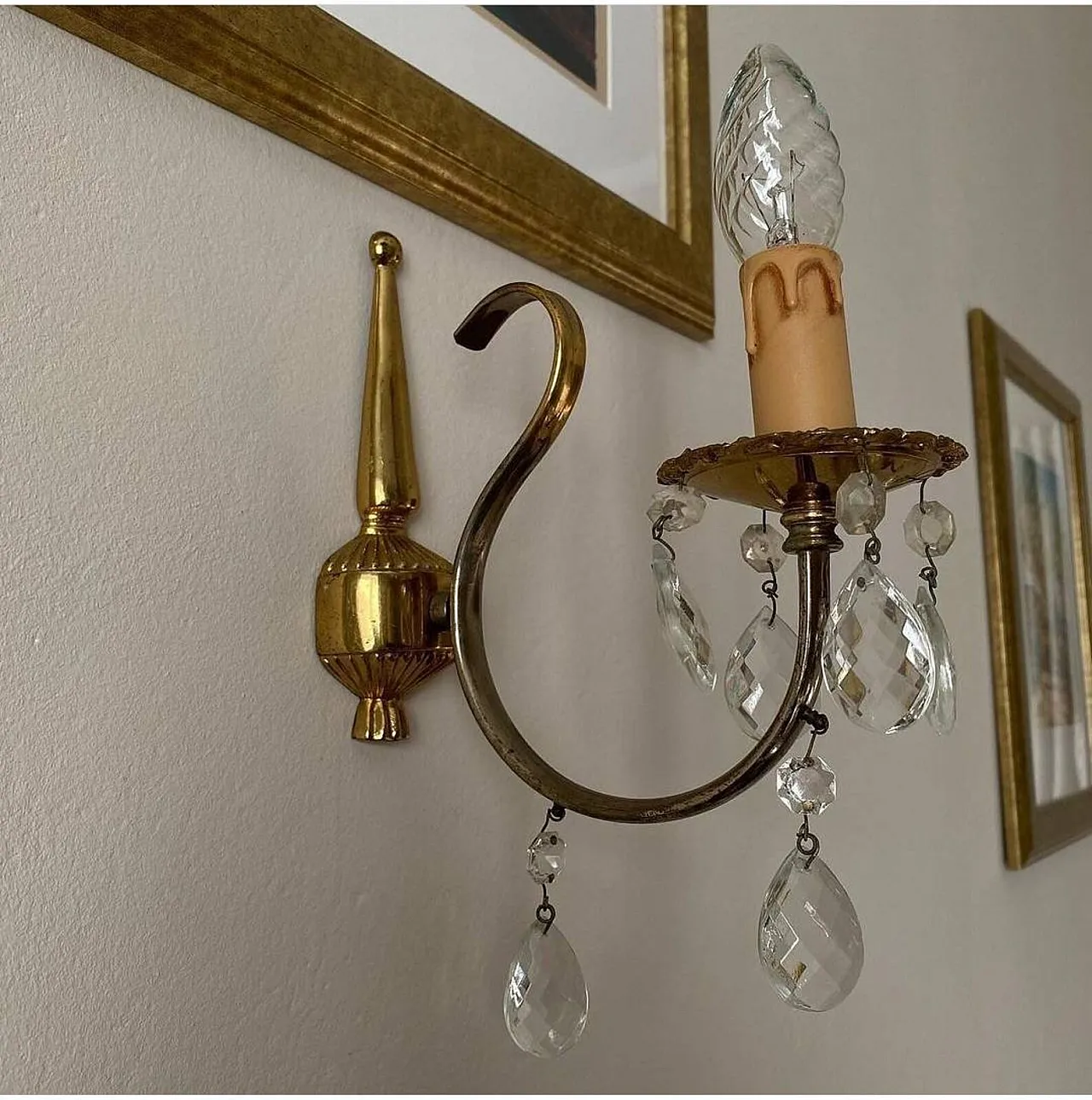 Coppia di applique in ottone e cristallo, '900 5