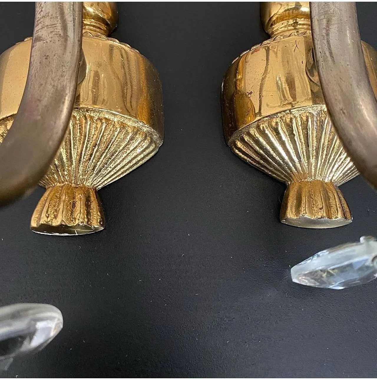 Coppia di applique in ottone e cristallo, '900 6