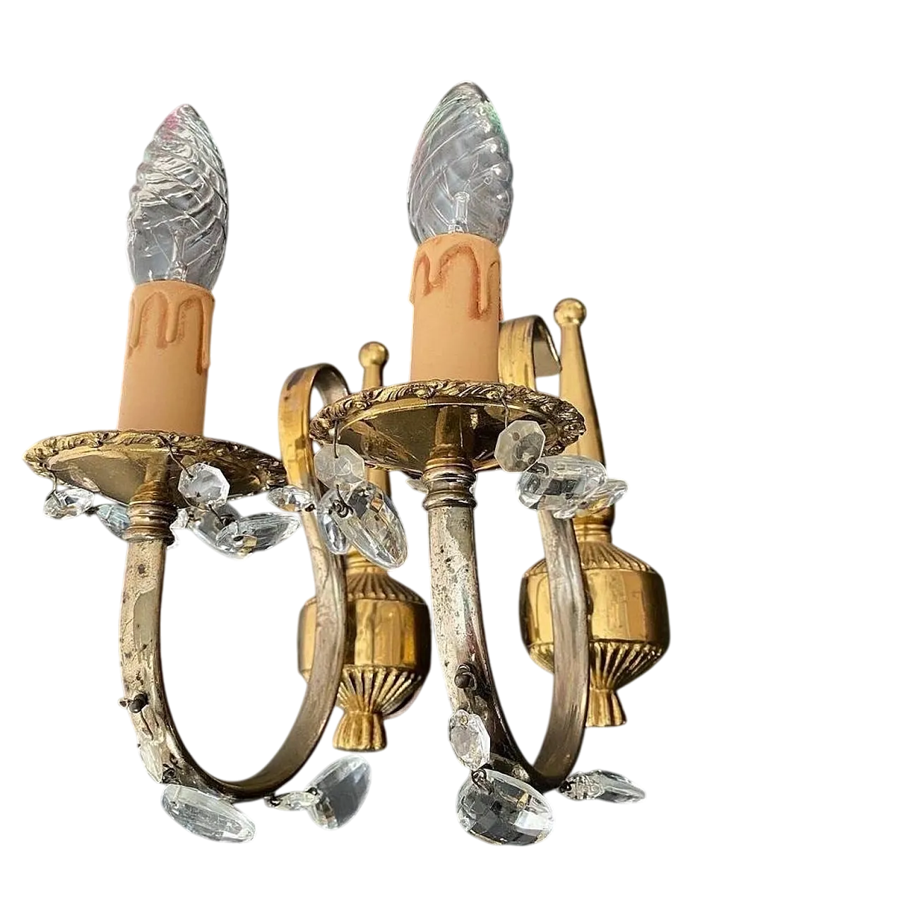 Coppia di applique in ottone e cristallo, '900 9