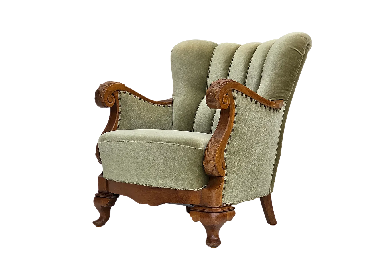 Danish armchair, green furniture velour, carved oak wood, 1960s 21