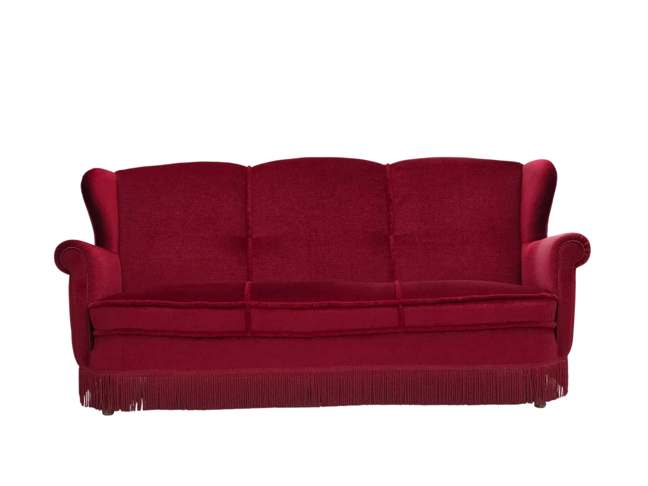 Danish 3-seater curved sofa in red furniture velour, 1960s 20