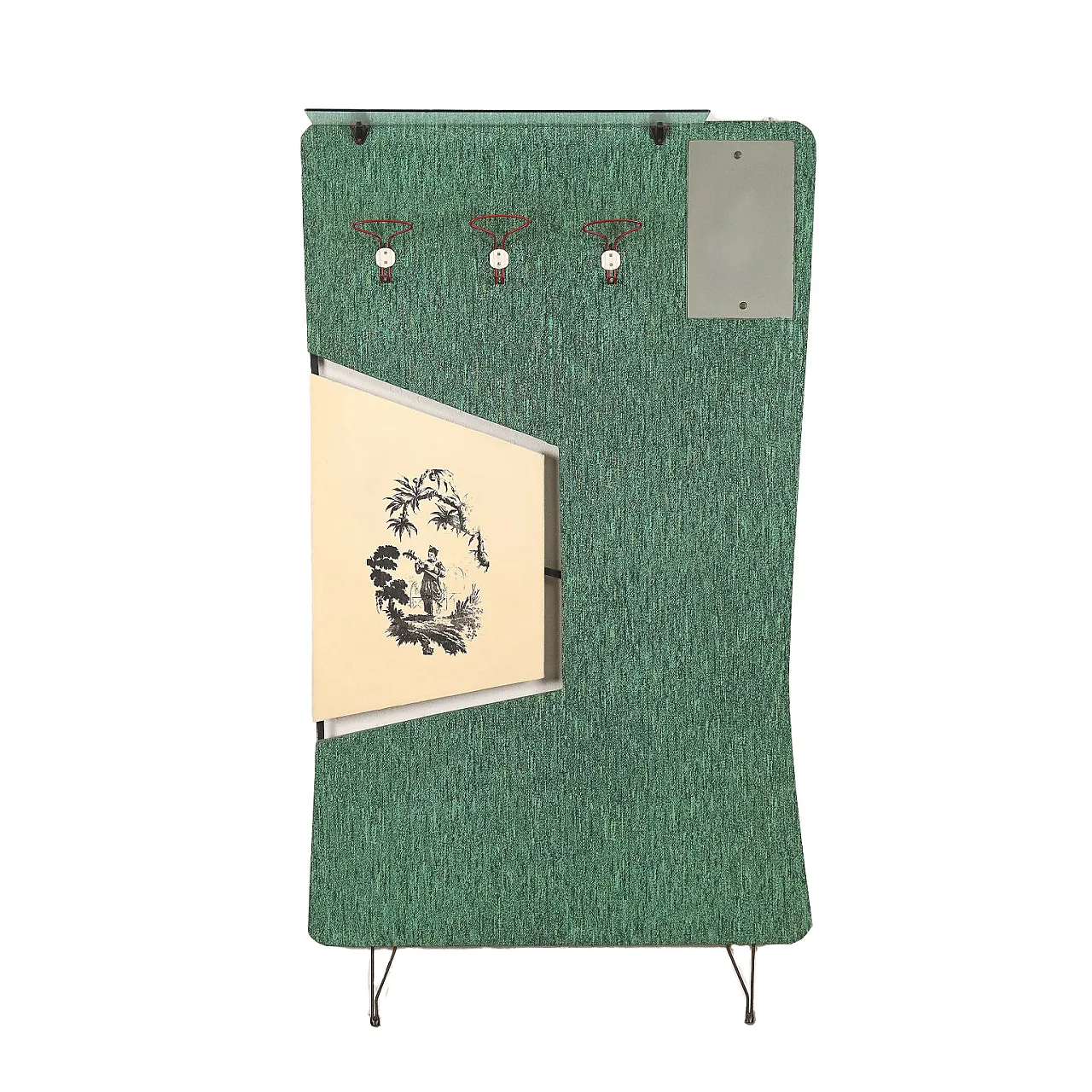 Appendiabiti da parete in metallo e legno rivestito in skai con specchio, anni '60 1