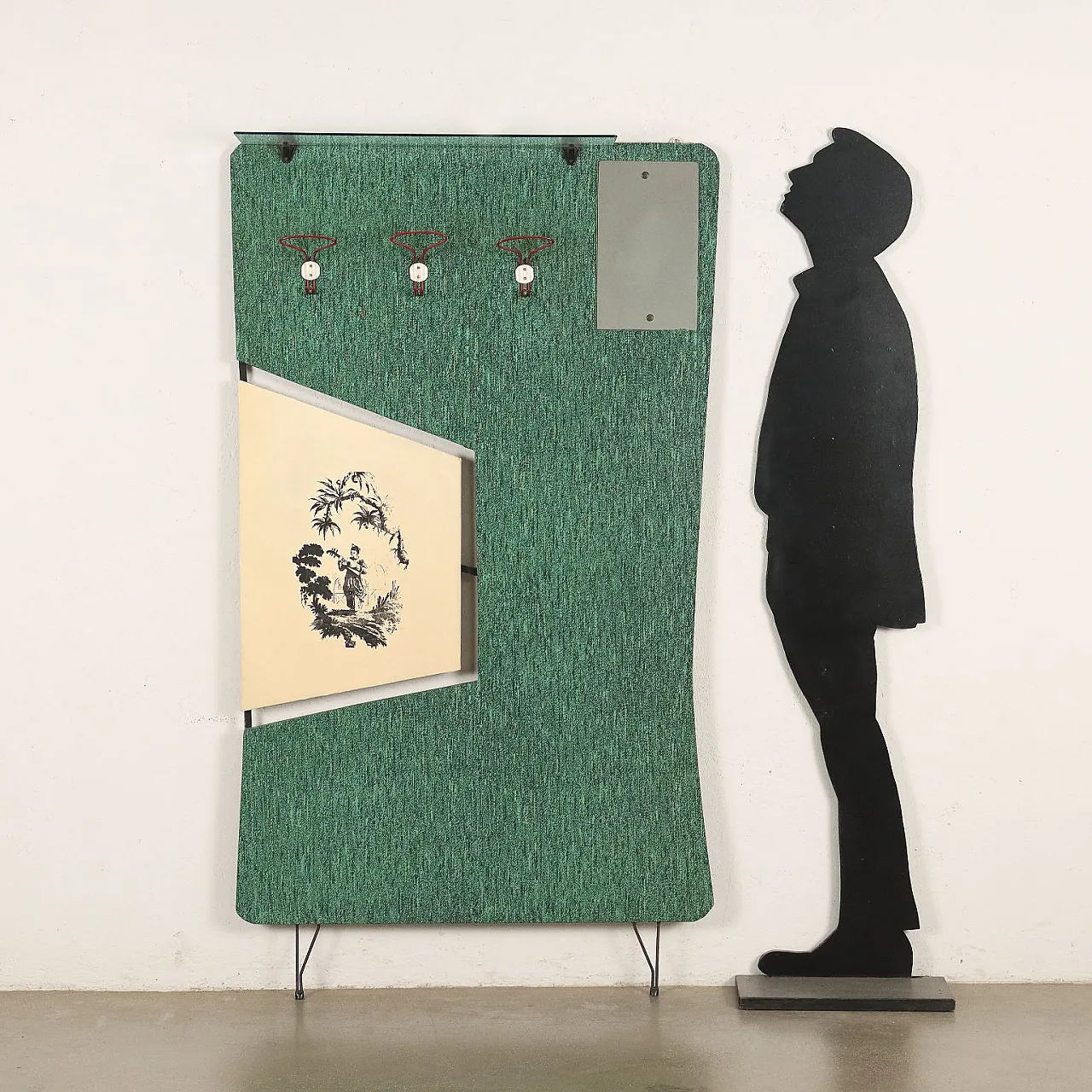 Appendiabiti da parete in metallo e legno rivestito in skai con specchio, anni '60 2