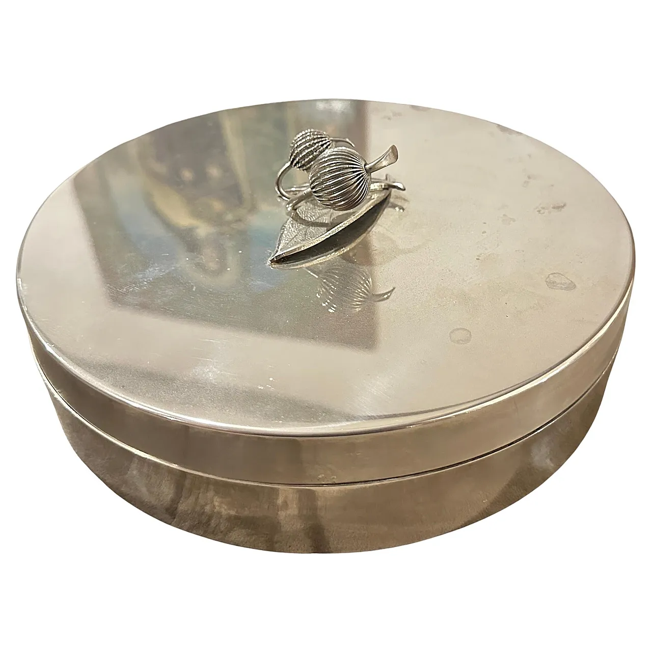 Cofanetto rotondo placcato in argento di Renzo Casati Firenze,anni 70 1