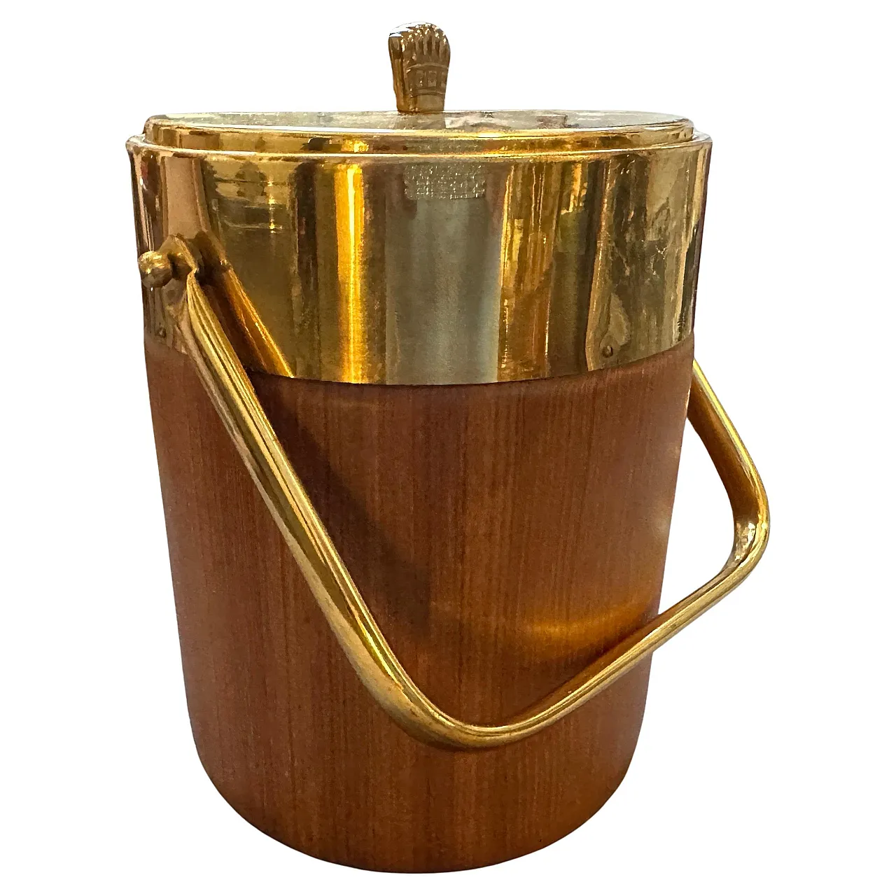 Brass and wood ice bucket by Aldo Tura for Macabo, 1950s 1