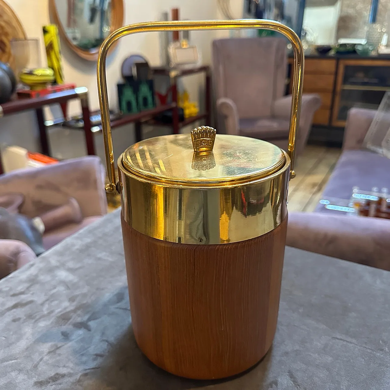 Brass and wood ice bucket by Aldo Tura for Macabo, 1950s 3