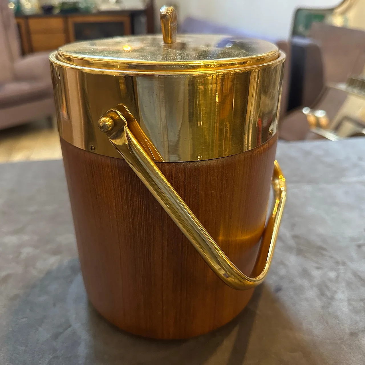 Brass and wood ice bucket by Aldo Tura for Macabo, 1950s 4