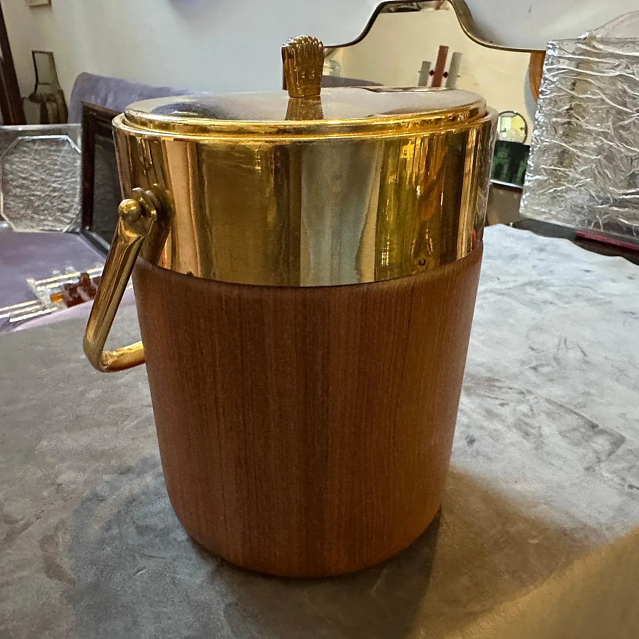 Brass and wood ice bucket by Aldo Tura for Macabo, 1950s 7