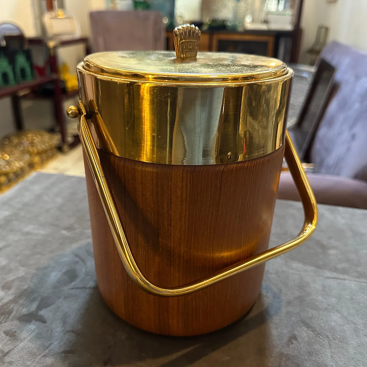 Brass and wood ice bucket by Aldo Tura for Macabo, 1950s 8