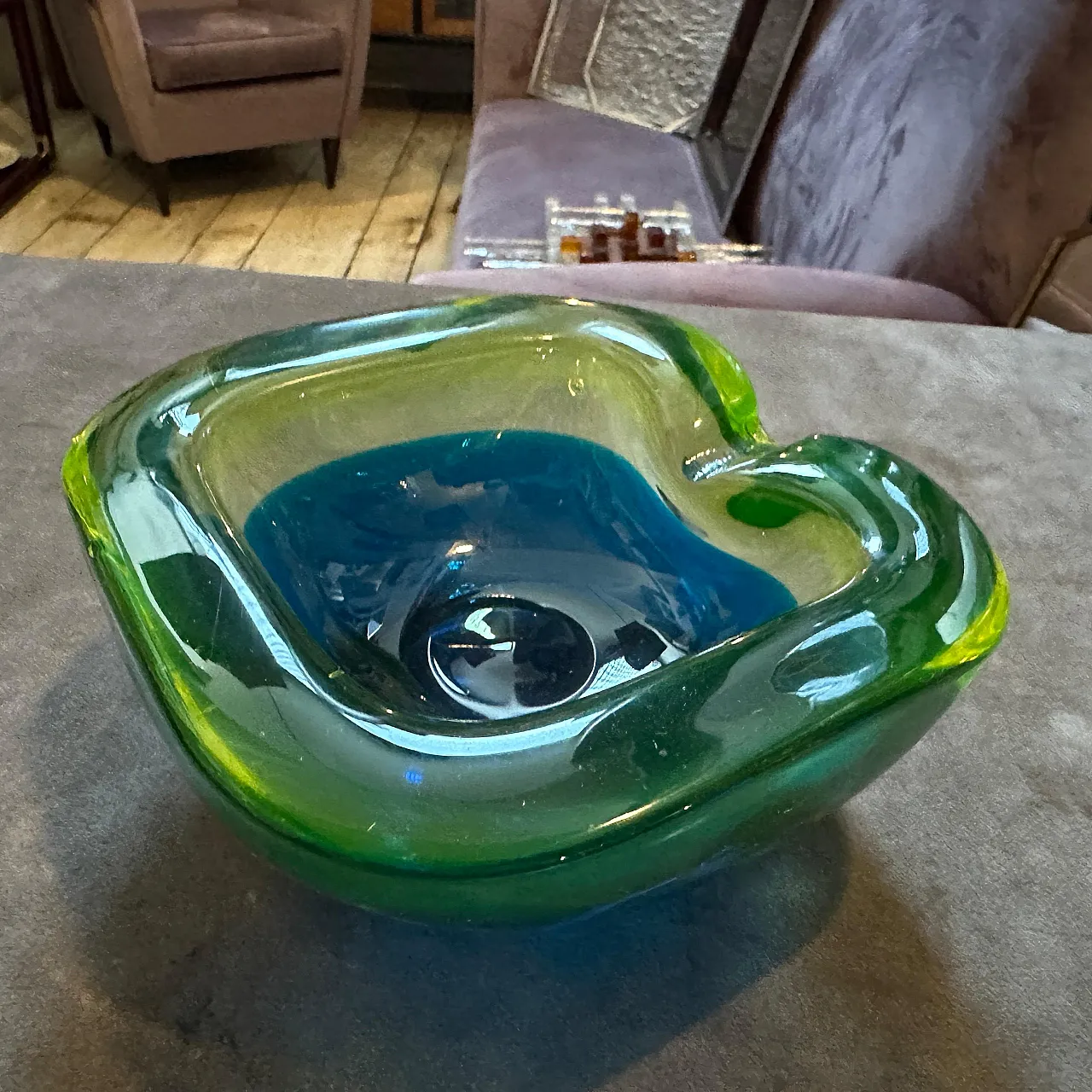 Blue and green lime sommerso Murano glass ashtray by Seguso, 1970s 7