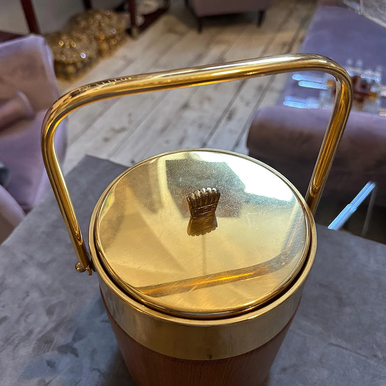 Brass and wood ice bucket by Aldo Tura for Macabo, 1950s 11