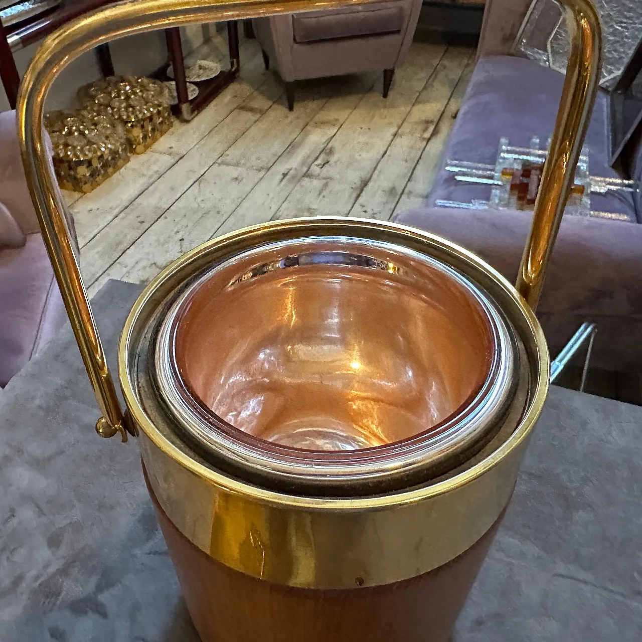 Brass and wood ice bucket by Aldo Tura for Macabo, 1950s 12