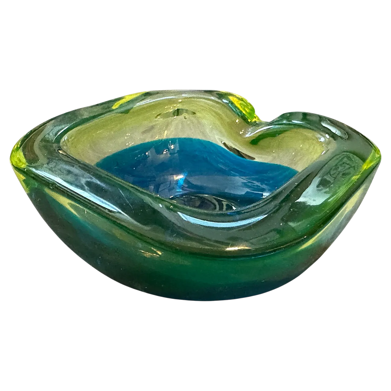 Blue and green lime sommerso Murano glass ashtray by Seguso, 1970s 12