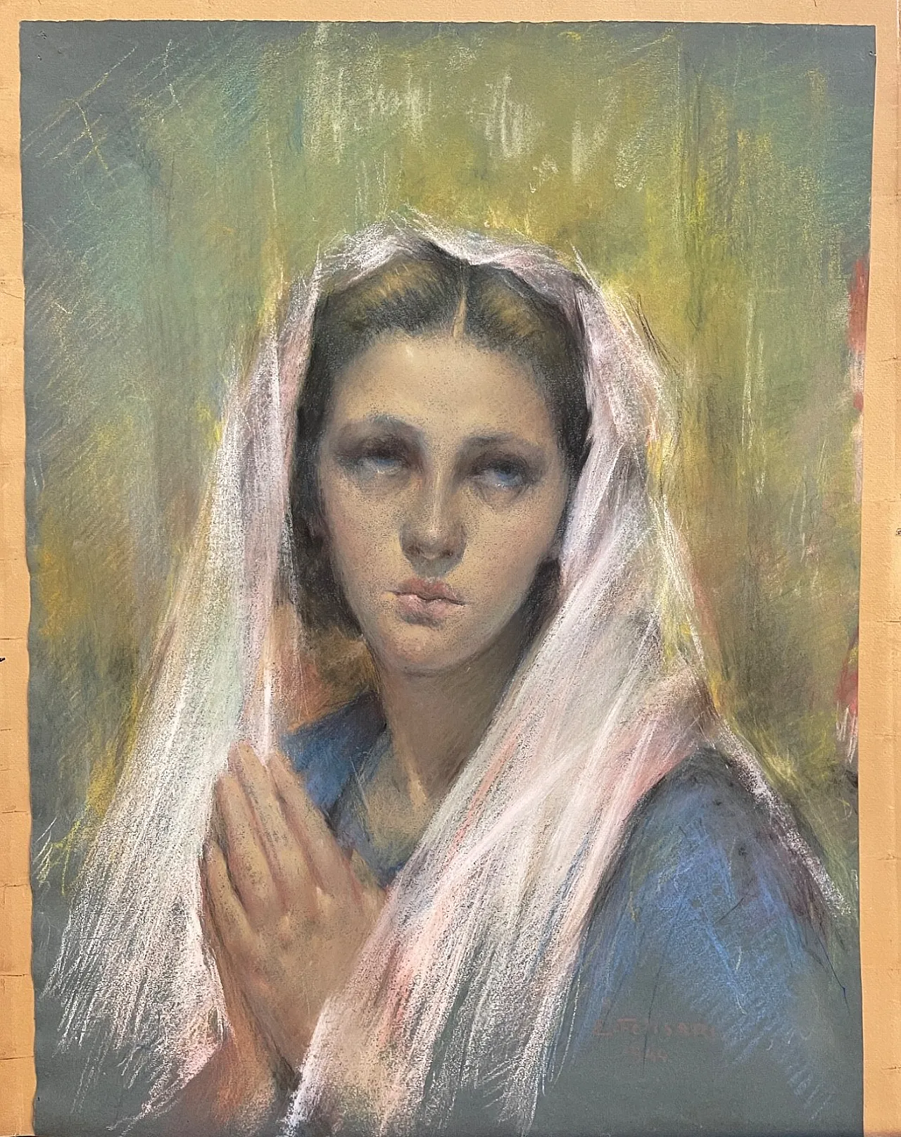 Pastel painting, woman in prayer, Enrico Felisari, 20th century 1
