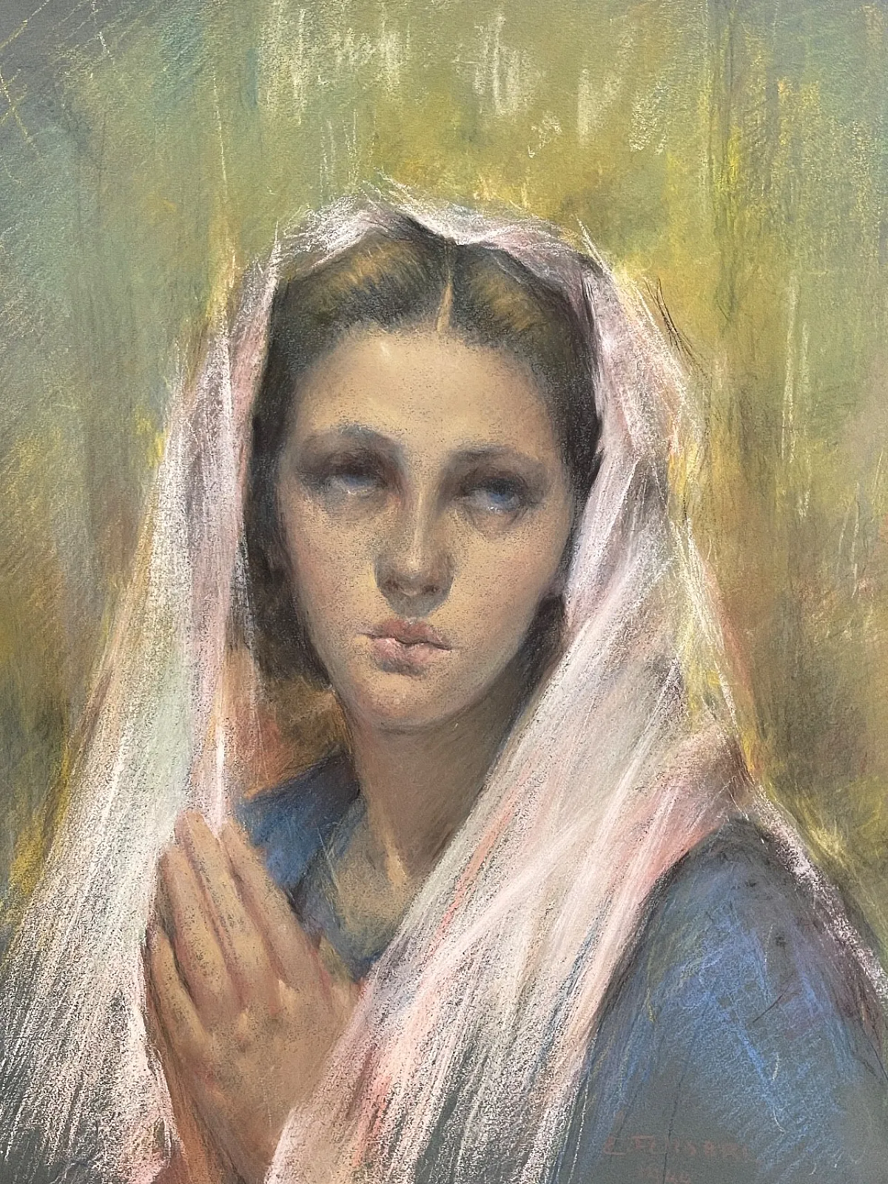Pastel painting, woman in prayer, Enrico Felisari, 20th century 2