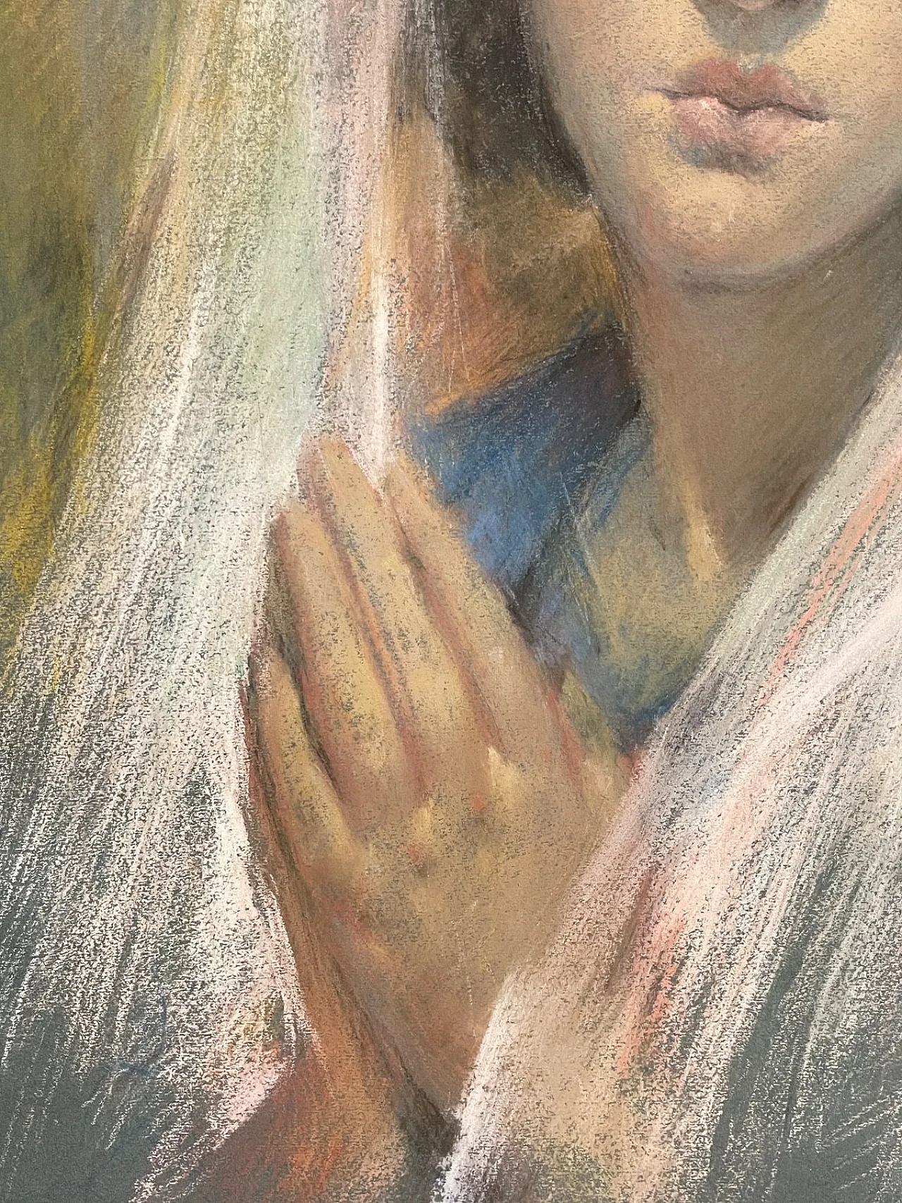 Pastel painting, woman in prayer, Enrico Felisari, 20th century 4