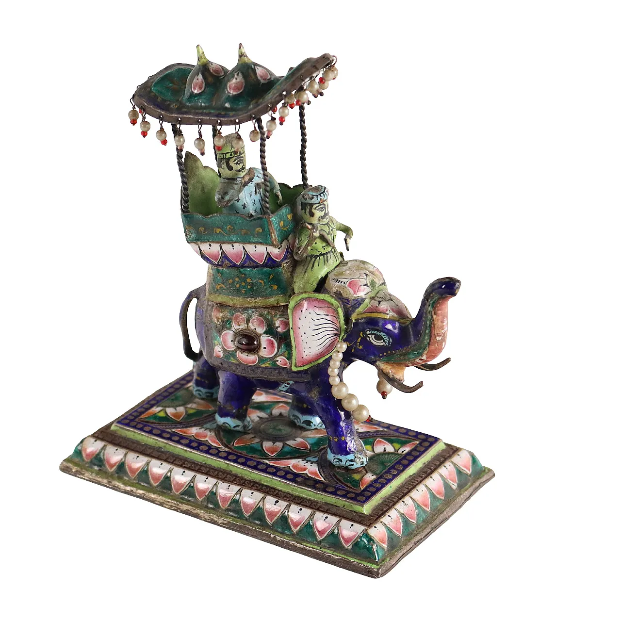 Indian silver and polychrome enamel elephant with palanquin sculpture 1