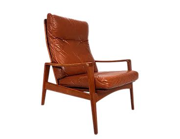 Poltrona Komfort in pelle e teak di Arne Wahl Iversen, anni '60
