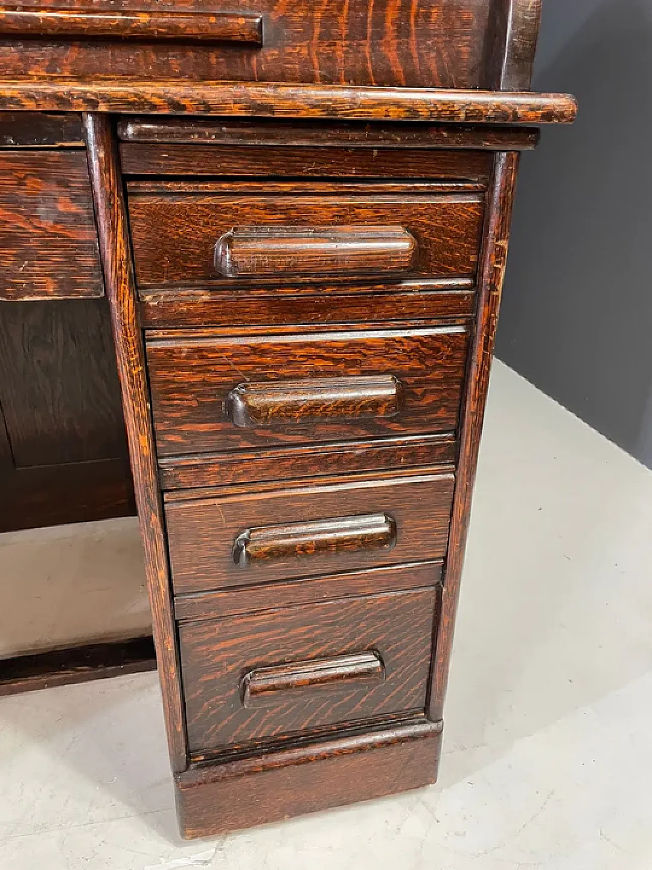 Scrivania americana con ribalta, rovere massello, anni '30 5