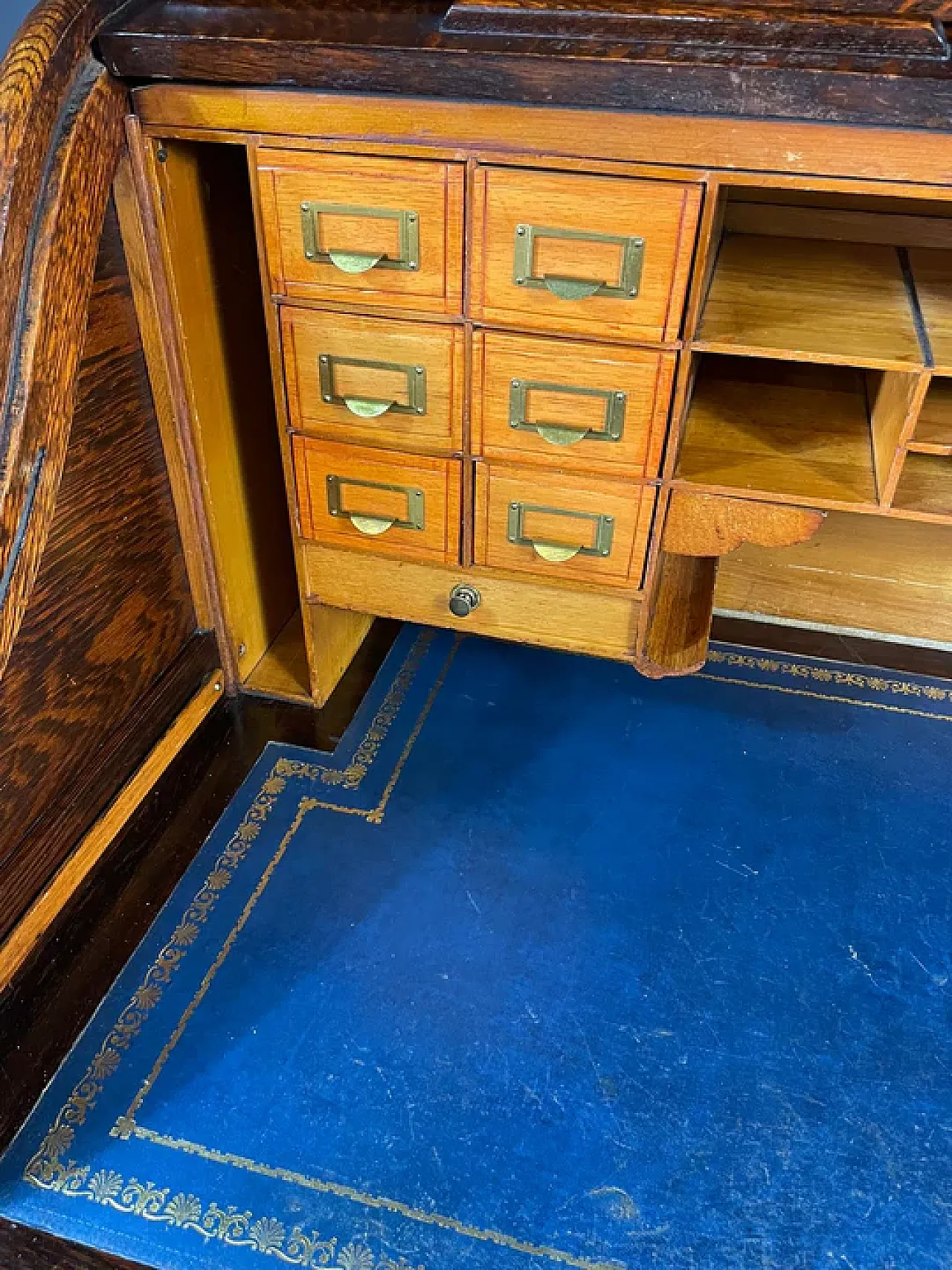 Scrivania americana con ribalta, rovere massello, anni '30 7