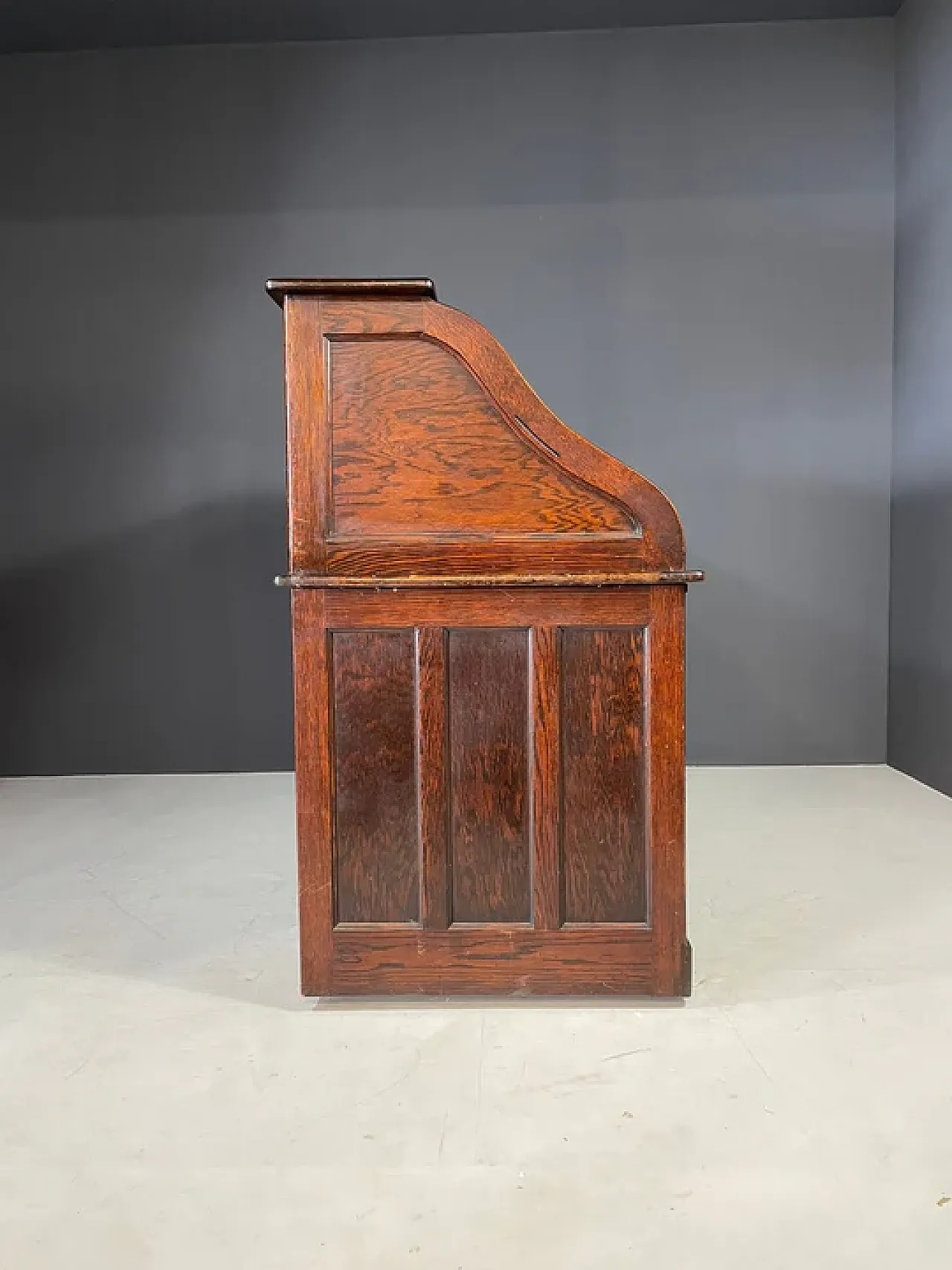 Scrivania americana con ribalta, rovere massello, anni '30 9