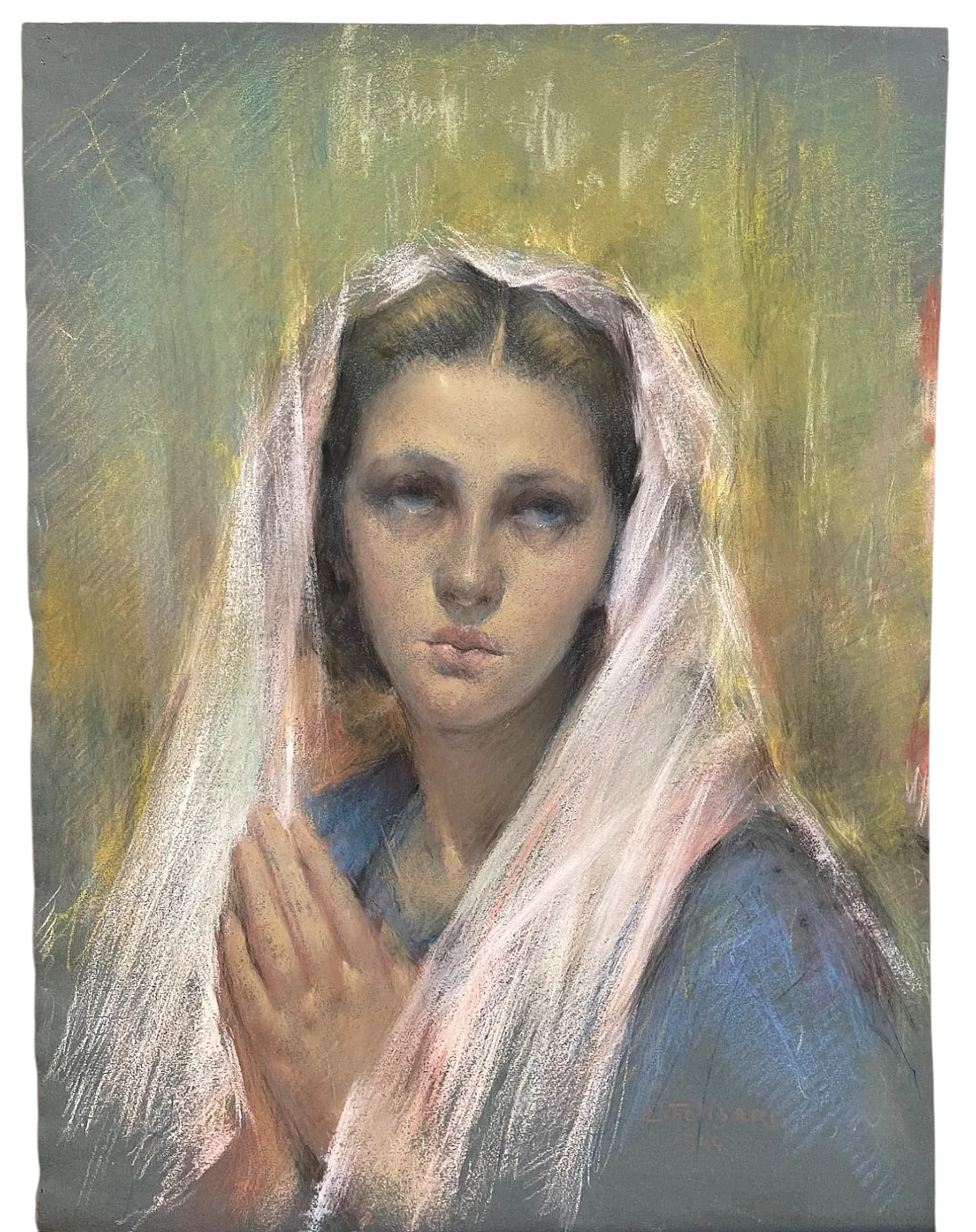Pastel painting, woman in prayer, Enrico Felisari, 20th century 6