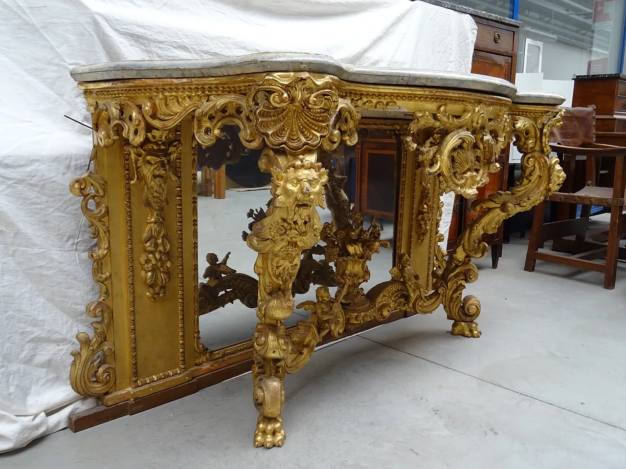 Carved gilded Piedmontese console in plaster, wood and mirro, '800 8