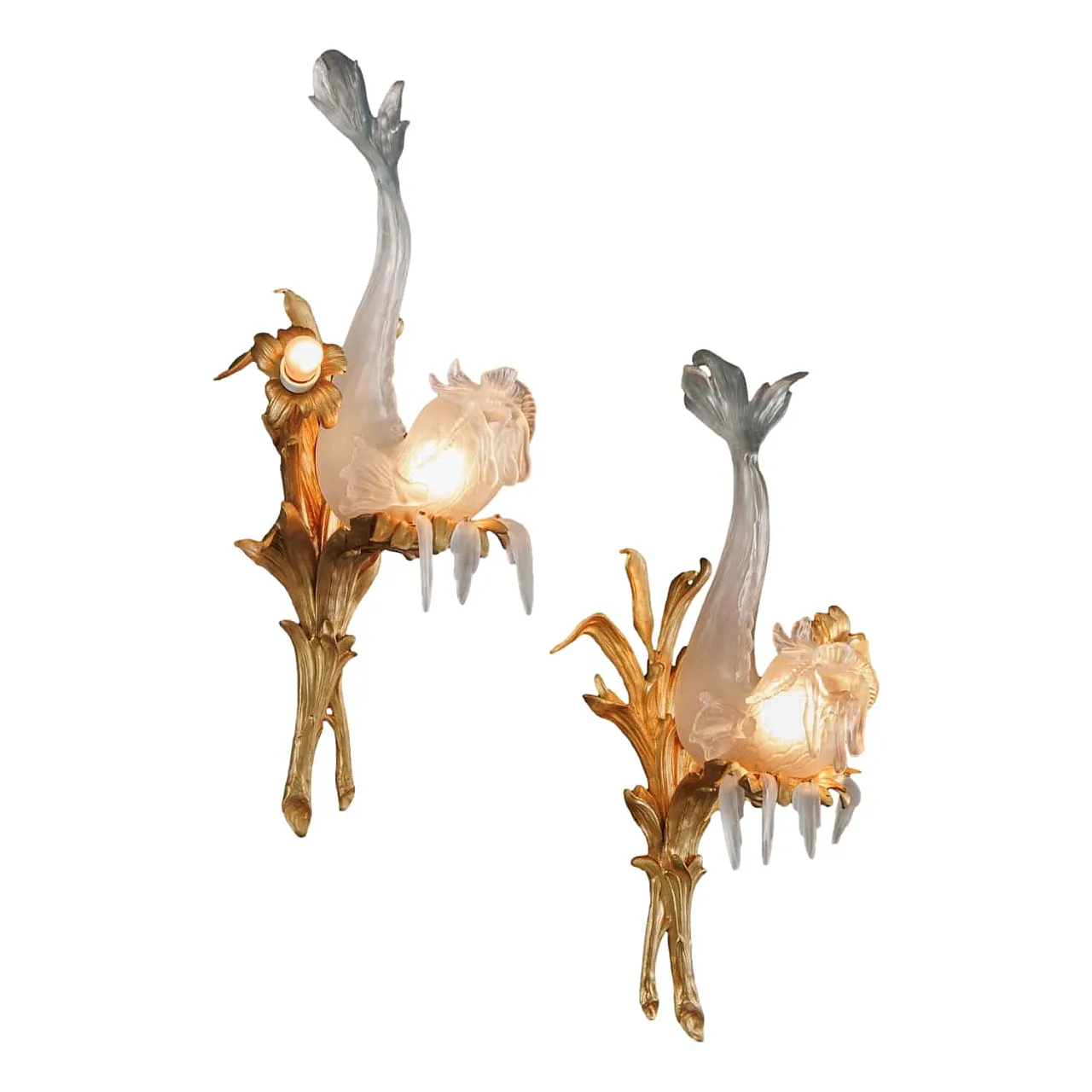 Pair of Art Nouveau two-light appliques in glass and gilded bronze 1