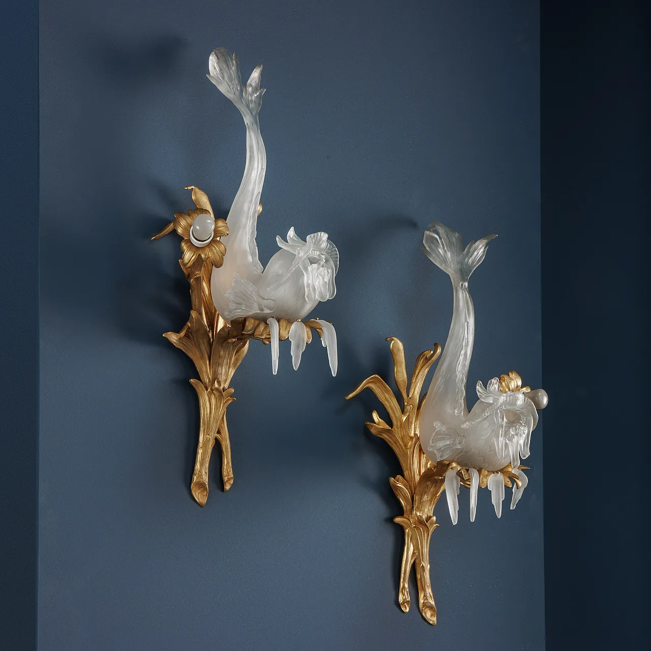 Pair of Art Nouveau two-light appliques in glass and gilded bronze 2