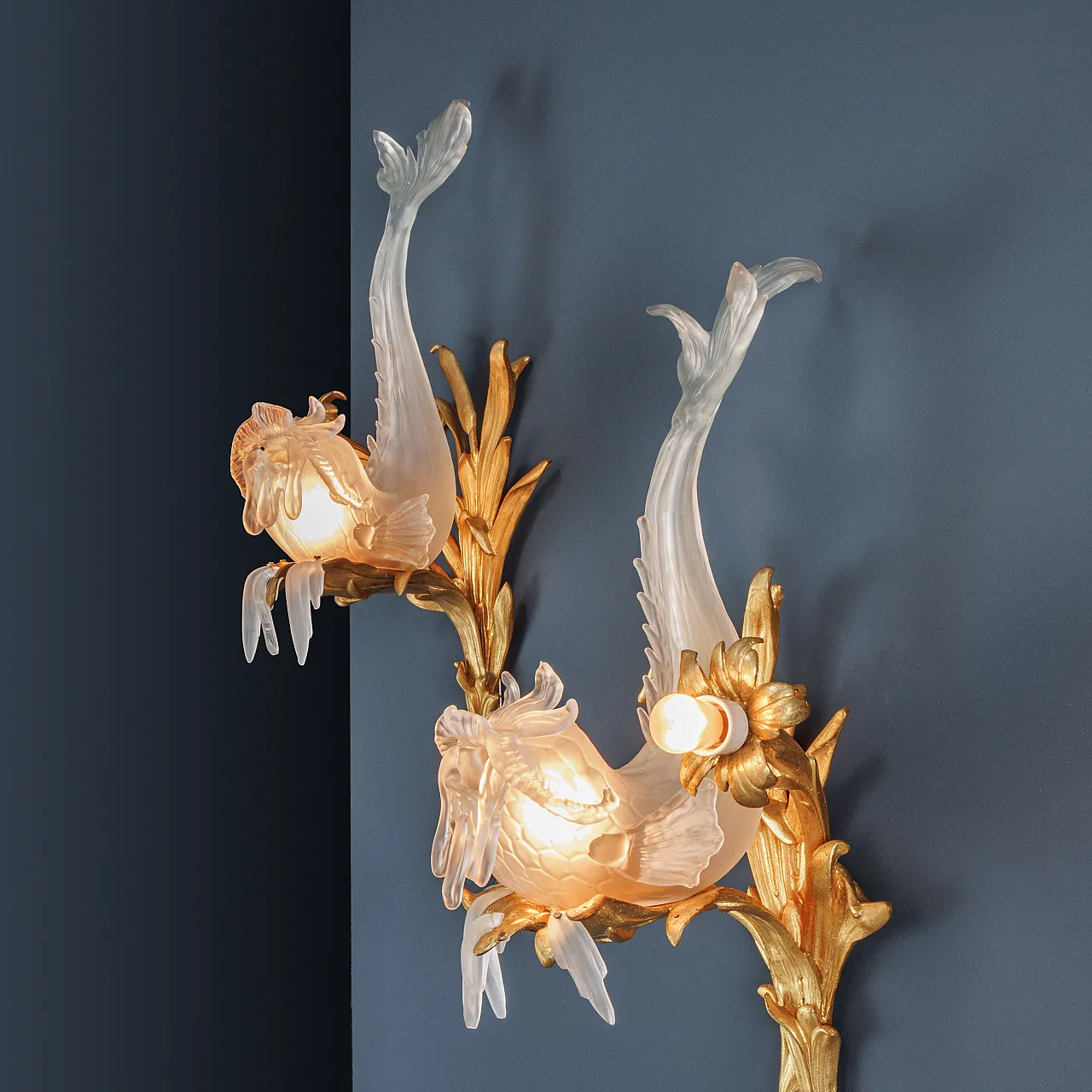 Pair of Art Nouveau two-light appliques in glass and gilded bronze 7