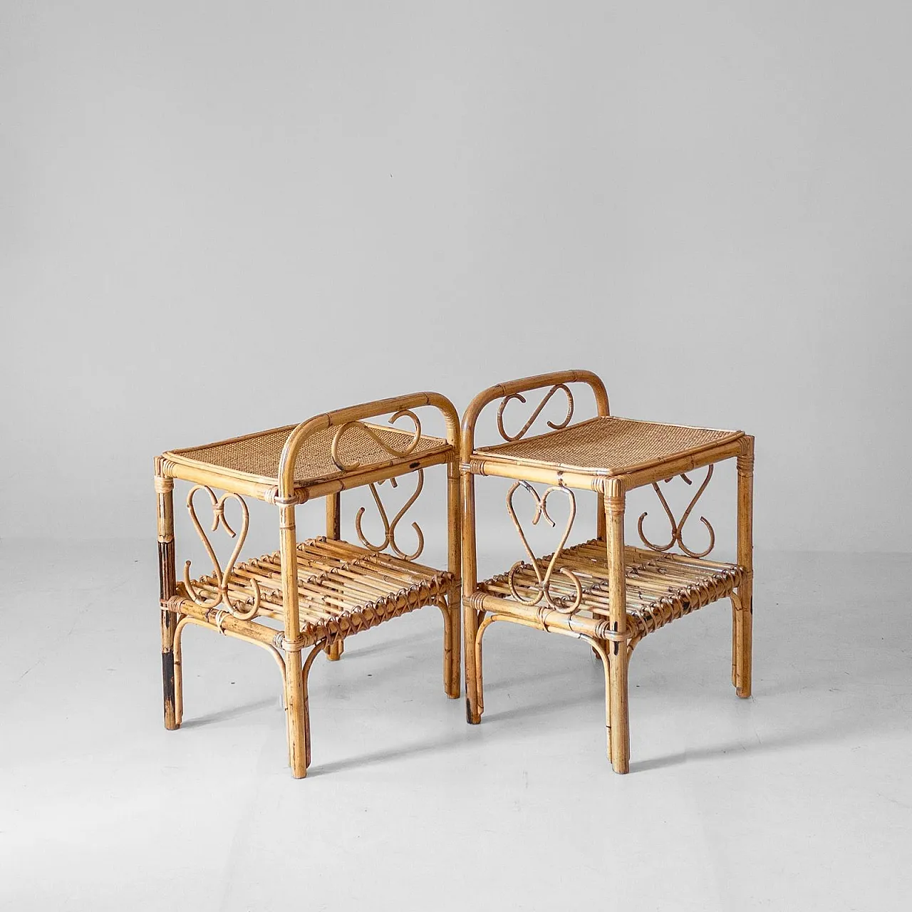 Pair of bamboo and rattan bedside tables, 1960s 1
