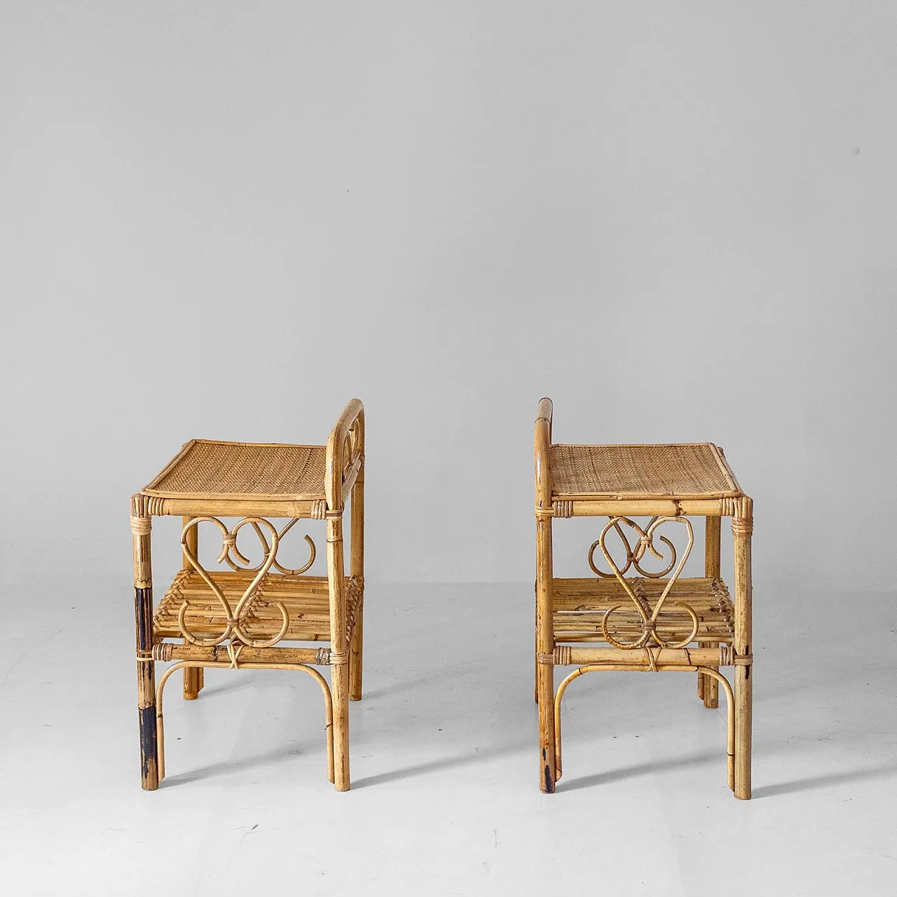 Pair of bamboo and rattan bedside tables, 1960s 2