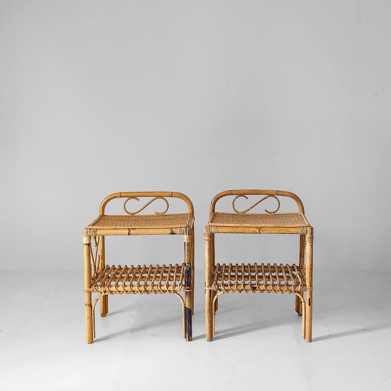 Pair of bamboo and rattan bedside tables, 1960s 5