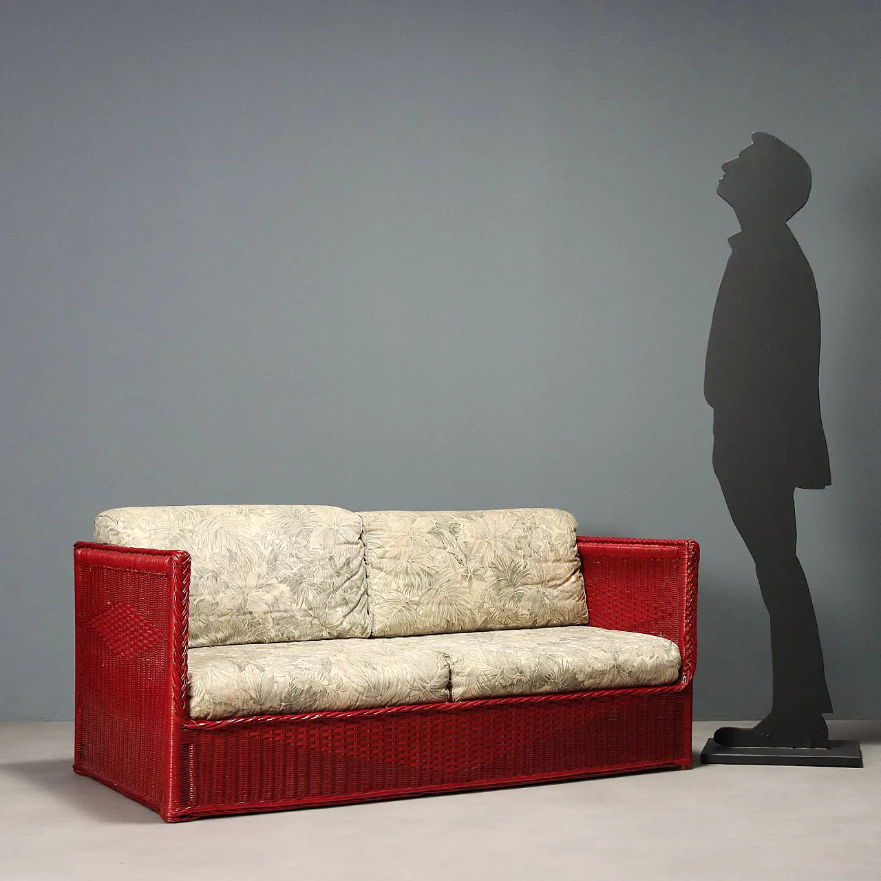Divano a 2 posti in vimini rosso con cuscini imbottiti, anni '80 2